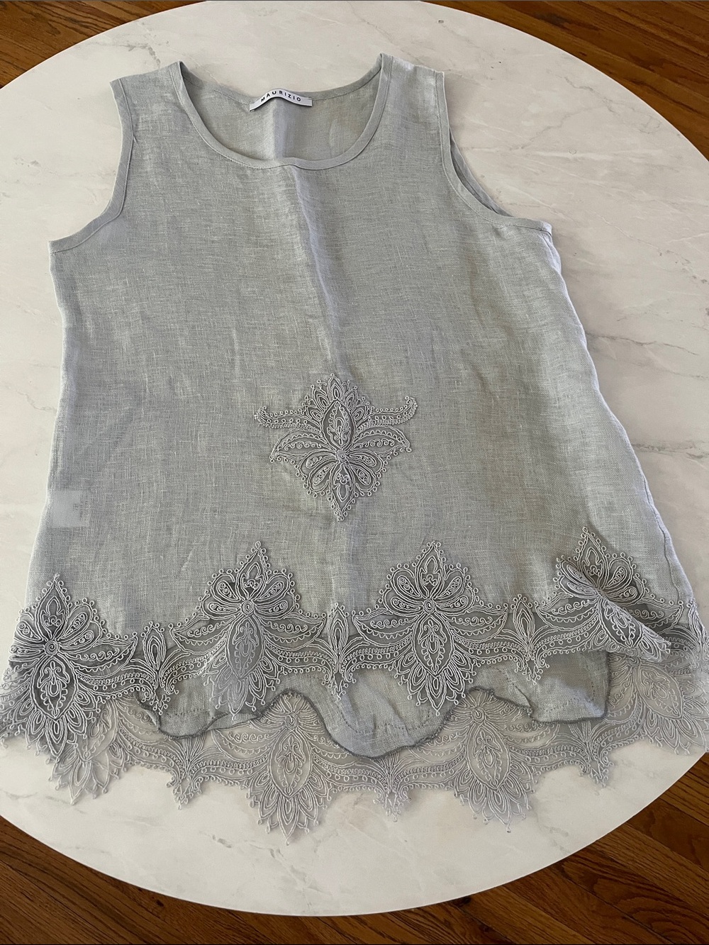 Maurizio Taiuti Light Gray Linen Tank with Scalloped Lace Detail